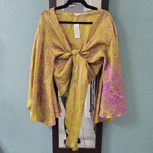 Silk Green and Purple Women's Wrap Top